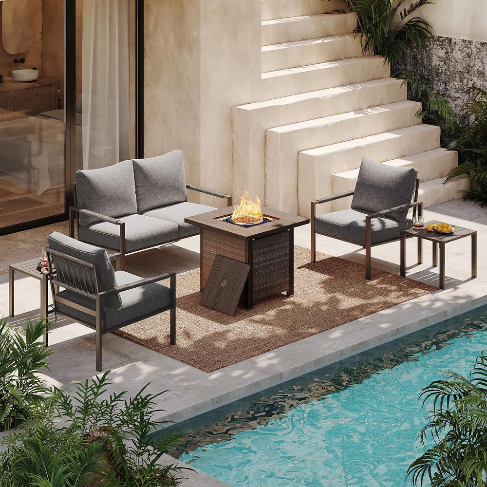 Outdoor Furniture Set With Fire Pit - 6-Piece Outdoor Patio Furniture Set with
