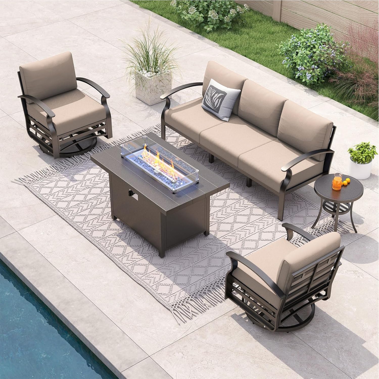5-seat Aluminum Patio Sectiona - Outdoor Furniture Set With Fire Pit ulasan dan harga